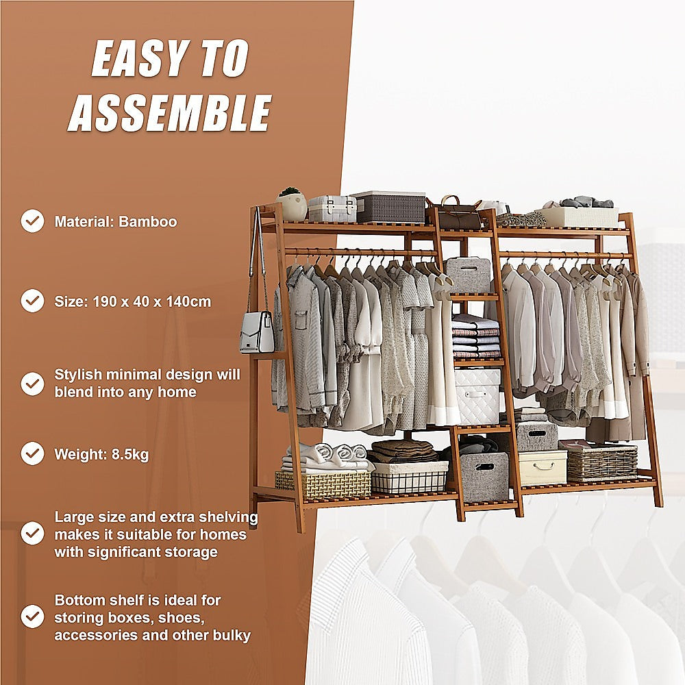 Clothing & Wardrobe Storage: Portable Clothes Rack Coat Garment Stand Bamboo Rail Hanger Airer Closet
