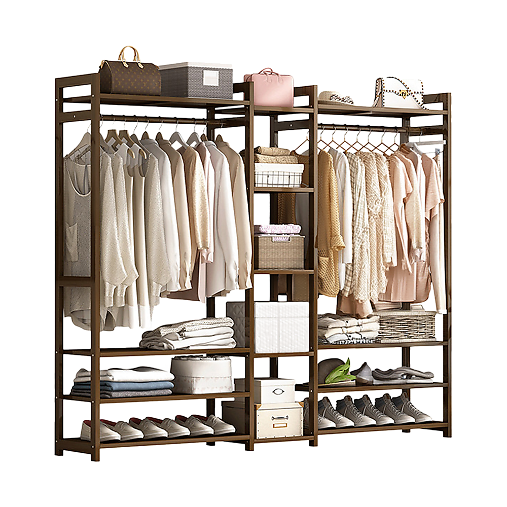 Clothing & Wardrobe Storage: Portable Clothes Rack Coat Garment Stand Bamboo Rail Hanger Airer Closet