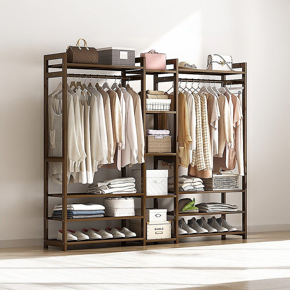 Clothing & Wardrobe Storage: Portable Clothes Rack Coat Garment Stand Bamboo Rail Hanger Airer Closet