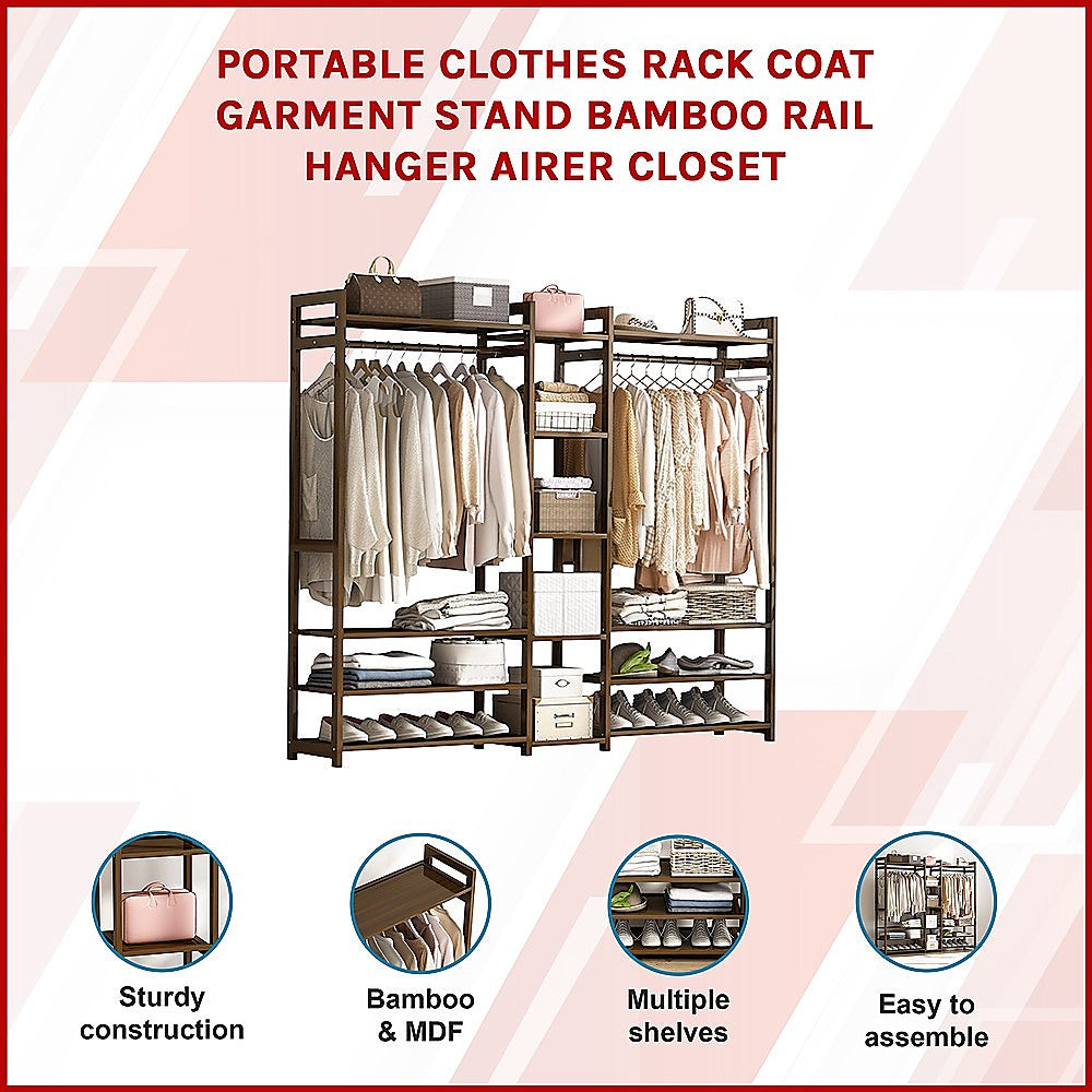 Clothing & Wardrobe Storage: Portable Clothes Rack Coat Garment Stand Bamboo Rail Hanger Airer Closet