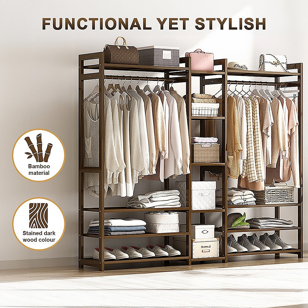 Clothing & Wardrobe Storage: Portable Clothes Rack Coat Garment Stand Bamboo Rail Hanger Airer Closet