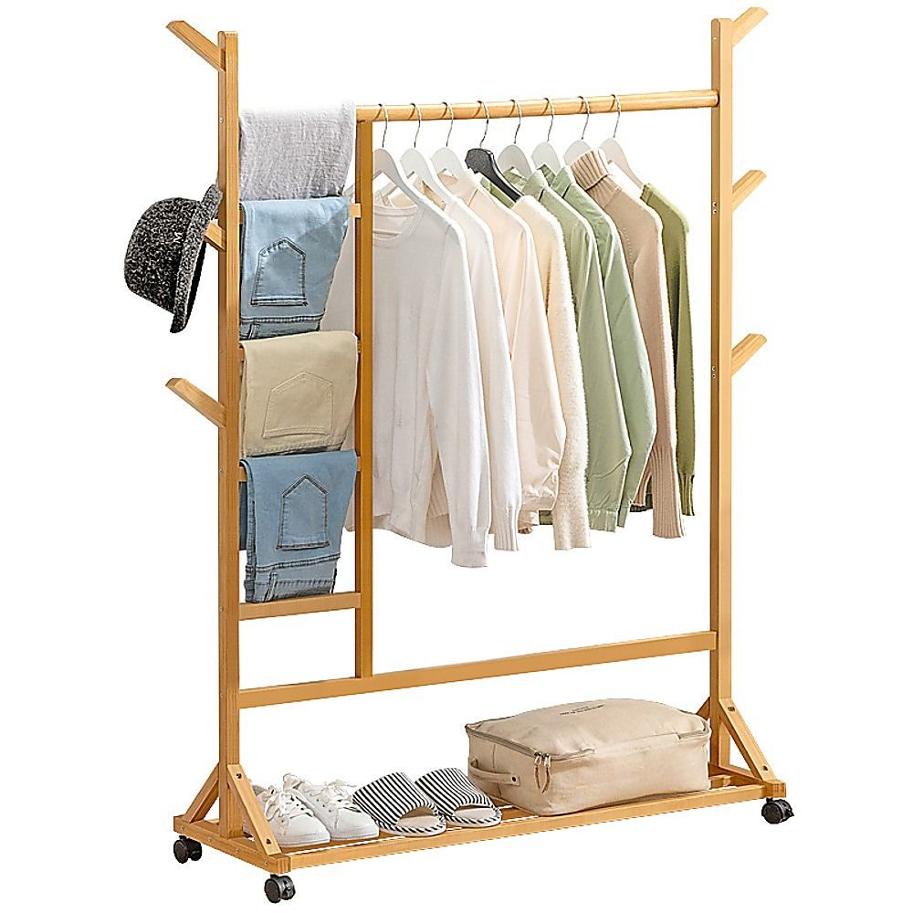 Clothing & Wardrobe Storage: Portable Clothes Rack Coat Garment Stand Bamboo Rail Hanger Airer Closet