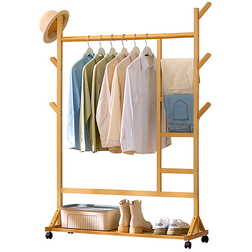 Clothing & Wardrobe Storage: Portable Clothes Rack Coat Garment Stand Bamboo Rail Hanger Airer Closet