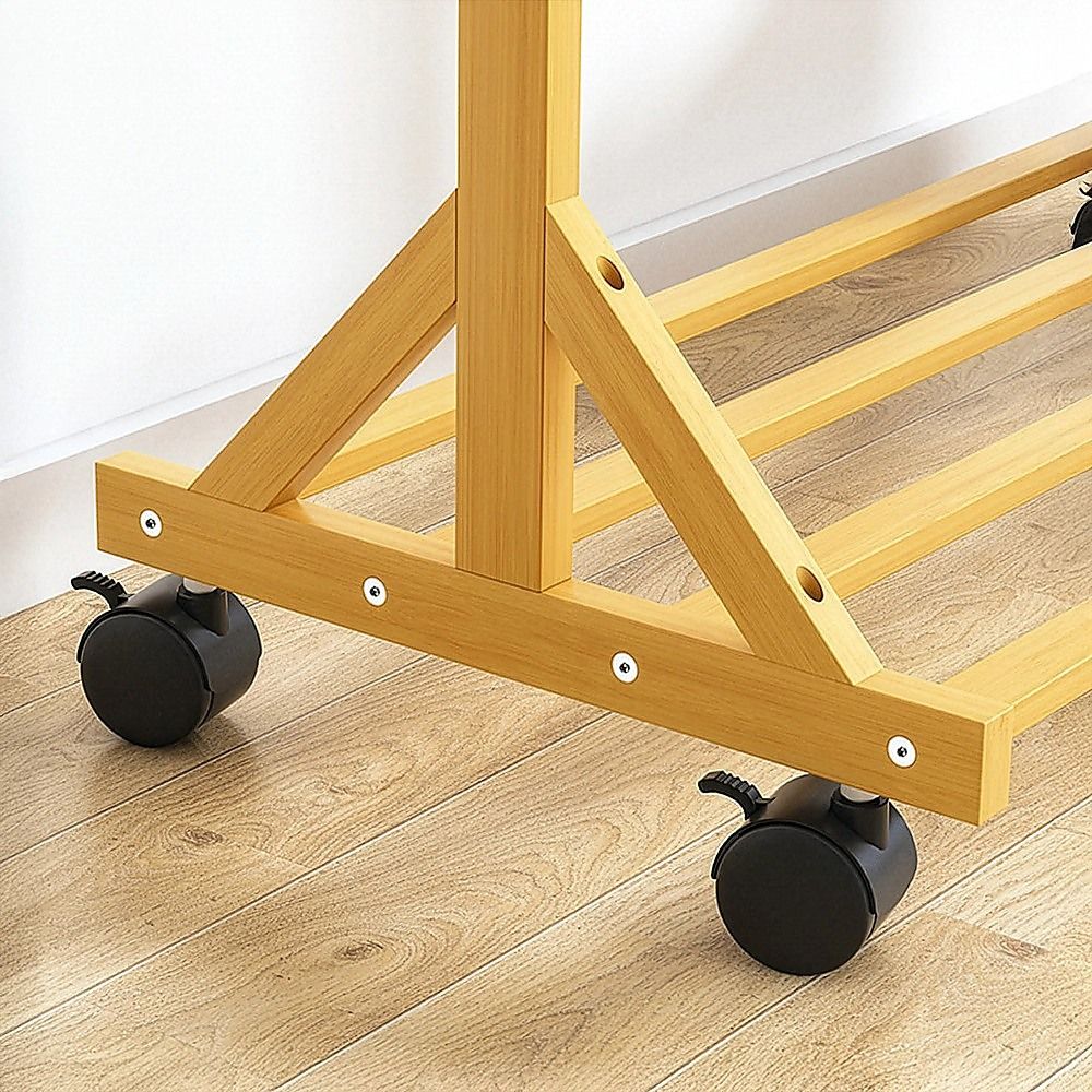 Clothing & Wardrobe Storage: Portable Clothes Rack Coat Garment Stand Bamboo Rail Hanger Airer Closet