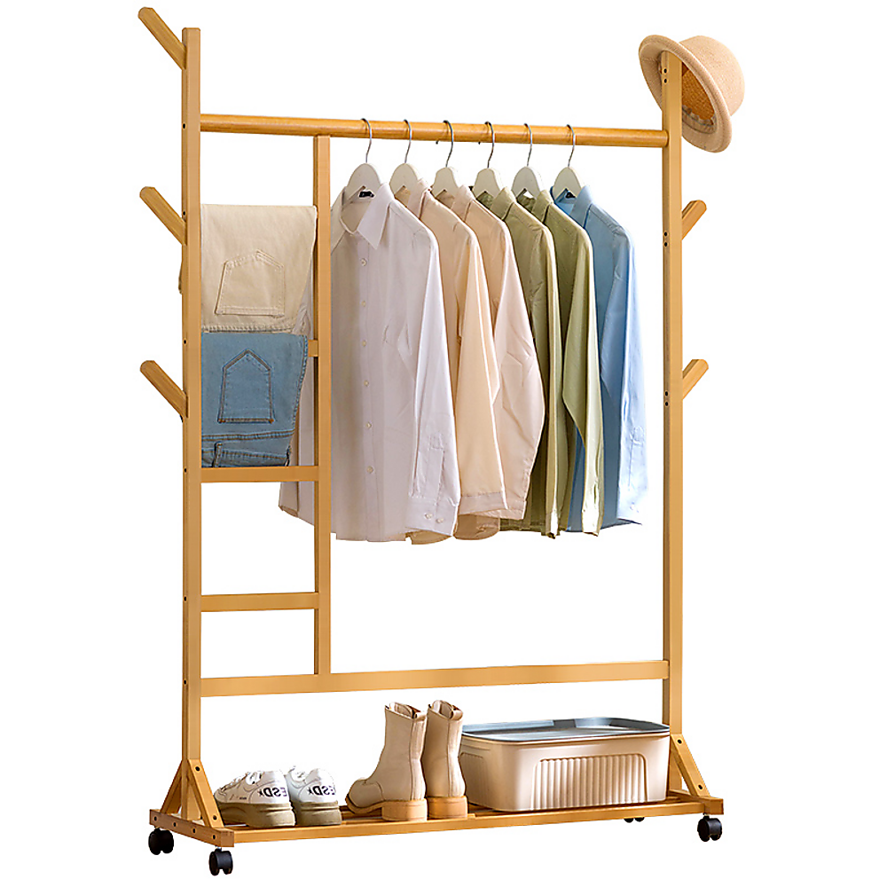 Clothing & Wardrobe Storage: Portable Clothes Rack Coat Garment Stand Bamboo Rail Hanger Airer Closet