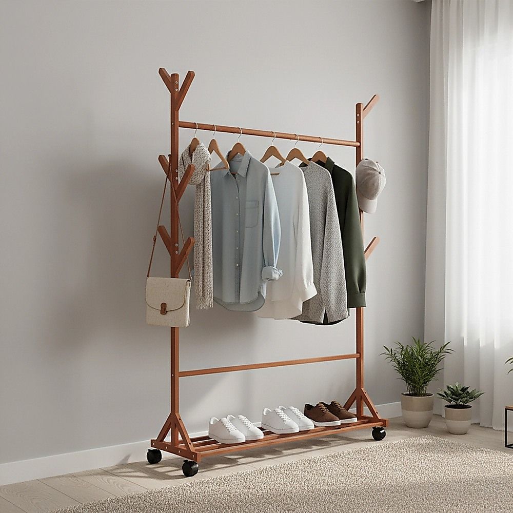 Portable Clothes Rack Coat Garment Stand Bamboo Rail Hanger Airer Closet