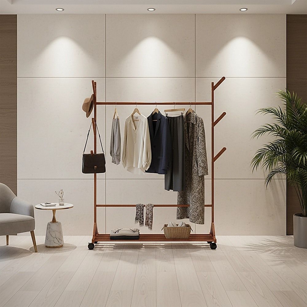 Portable Clothes Rack Coat Garment Stand Bamboo Rail Hanger Airer Closet