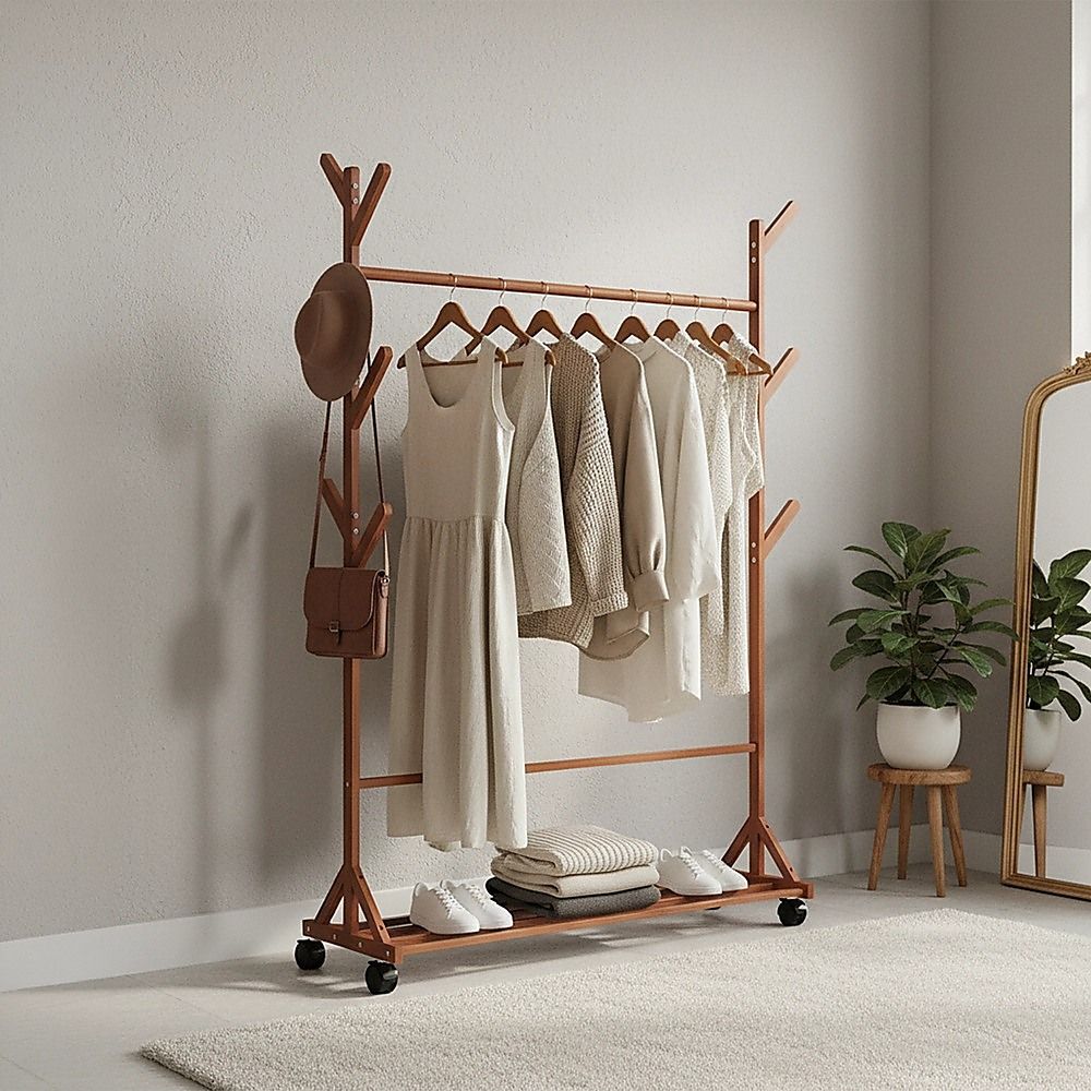 Portable Clothes Rack Coat Garment Stand Bamboo Rail Hanger Airer Closet