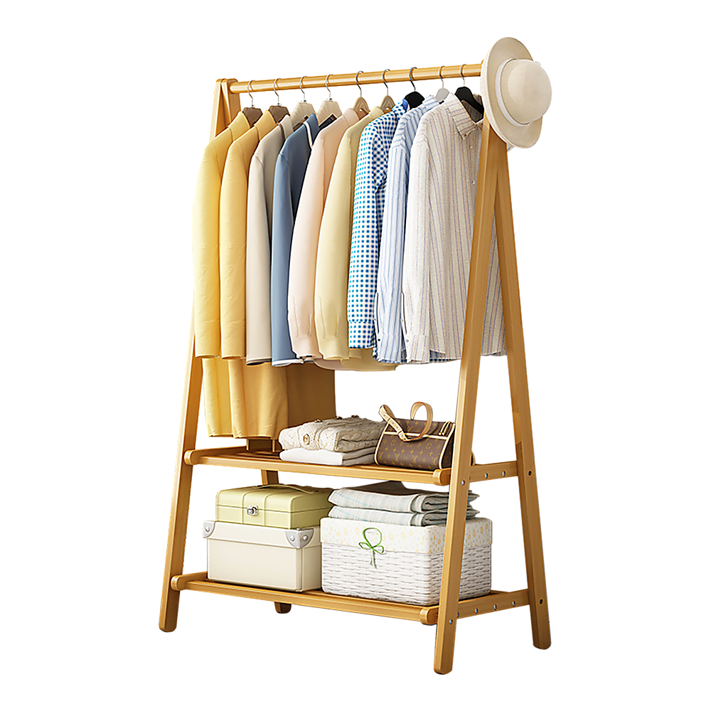 Clothing & Wardrobe Storage: Portable Clothes Rack Coat Garment Stand Bamboo Rail Hanger Airer Closet
