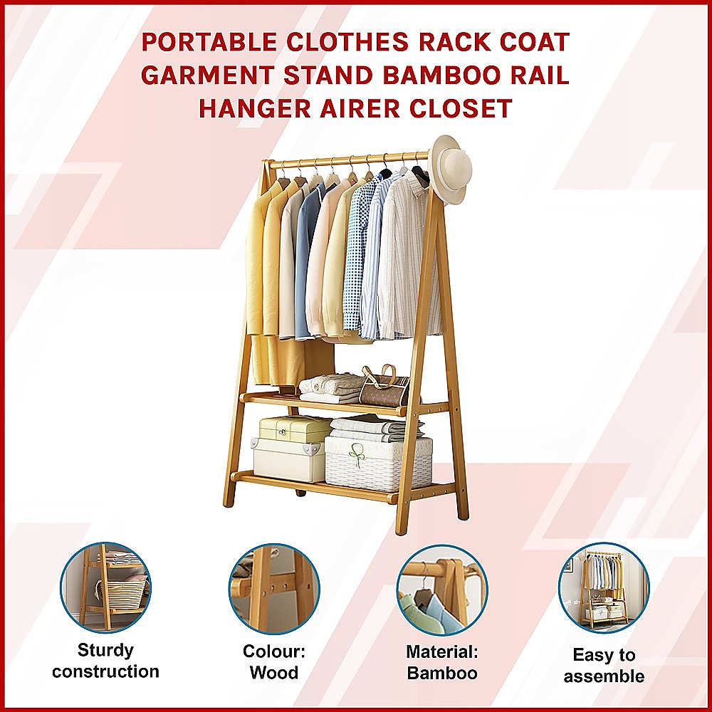 Clothing & Wardrobe Storage: Portable Clothes Rack Coat Garment Stand Bamboo Rail Hanger Airer Closet