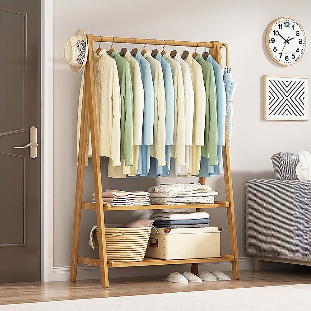 Clothing & Wardrobe Storage: Portable Clothes Rack Coat Garment Stand Bamboo Rail Hanger Airer Closet