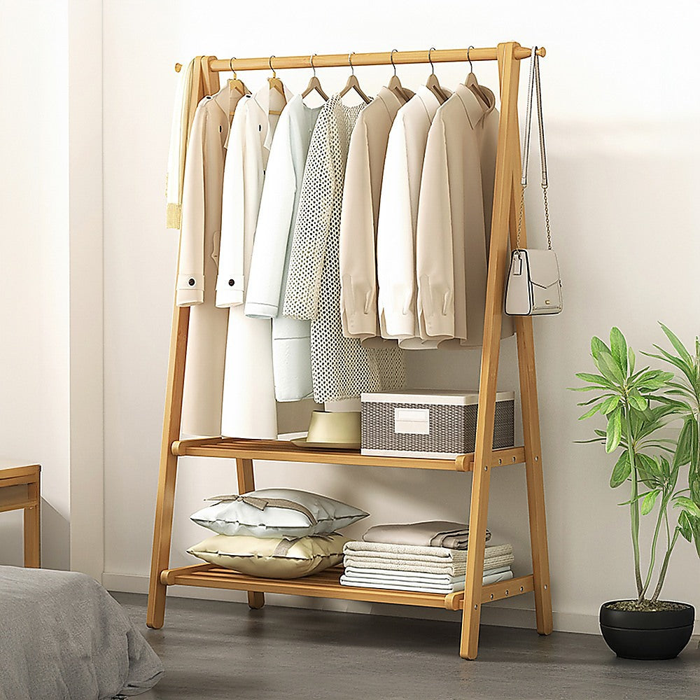 Clothing & Wardrobe Storage: Portable Clothes Rack Coat Garment Stand Bamboo Rail Hanger Airer Closet