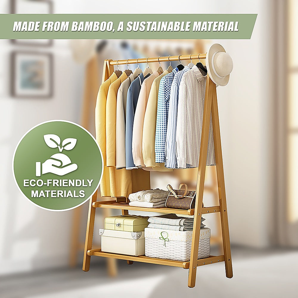 Clothing & Wardrobe Storage: Portable Clothes Rack Coat Garment Stand Bamboo Rail Hanger Airer Closet