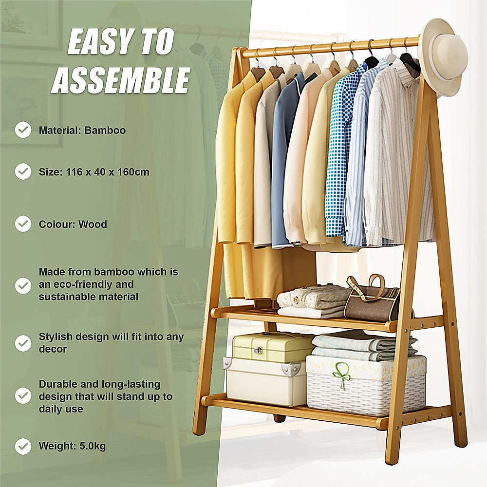 Clothing & Wardrobe Storage: Portable Clothes Rack Coat Garment Stand Bamboo Rail Hanger Airer Closet