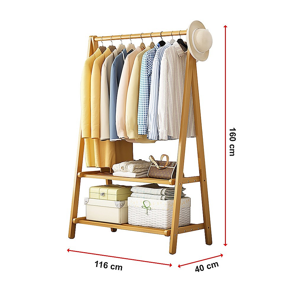 Clothing & Wardrobe Storage: Portable Clothes Rack Coat Garment Stand Bamboo Rail Hanger Airer Closet