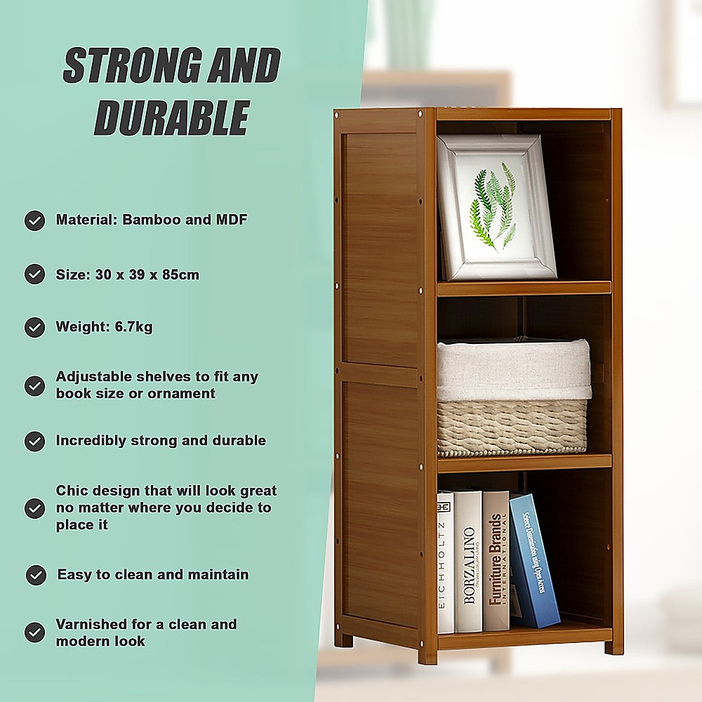Bamboo Adjustable 3-Shelf Bookcase – Display Storage Rack Stand for Living Room, Bedroom, Office or Home Décor