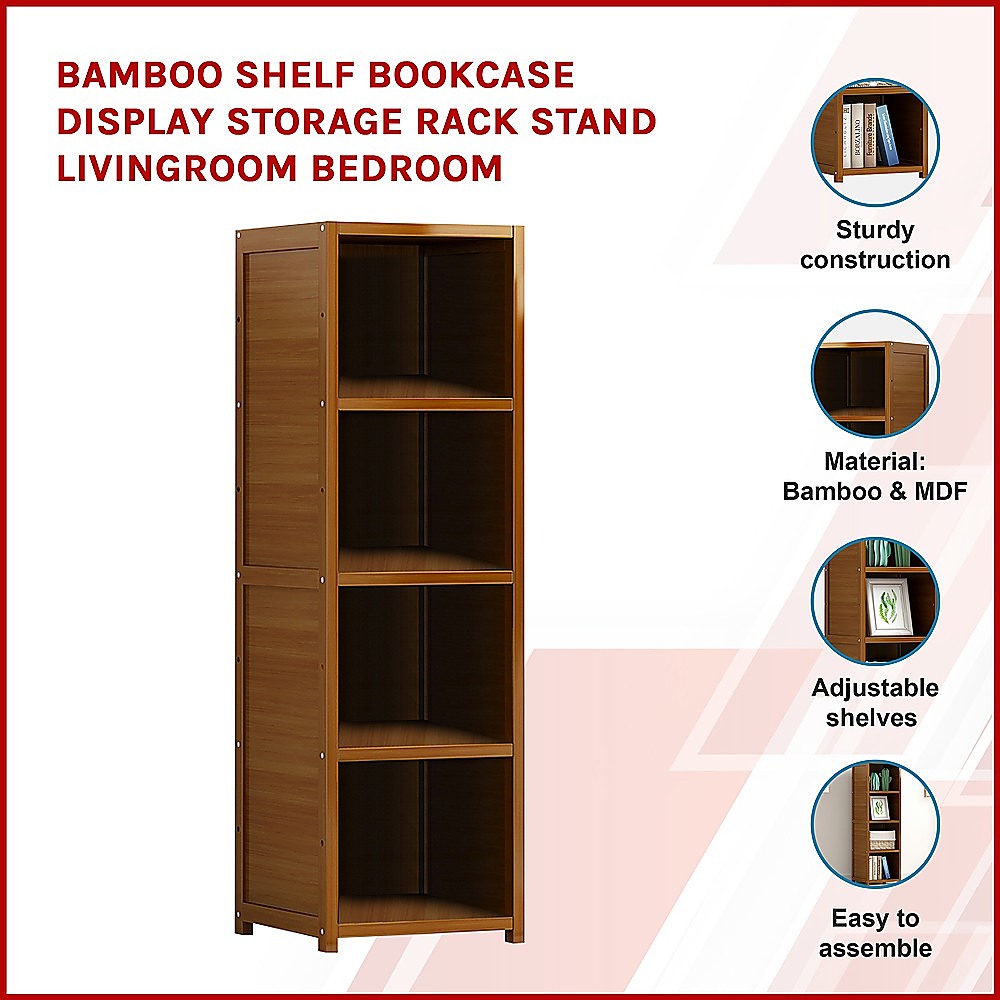 Kid's Bookcases & Shelves: Bamboo 4-Shelf Bookcase  Adjustable Display Storage Rack Stand for Living Room, Bedroom, Office or Home Organisation