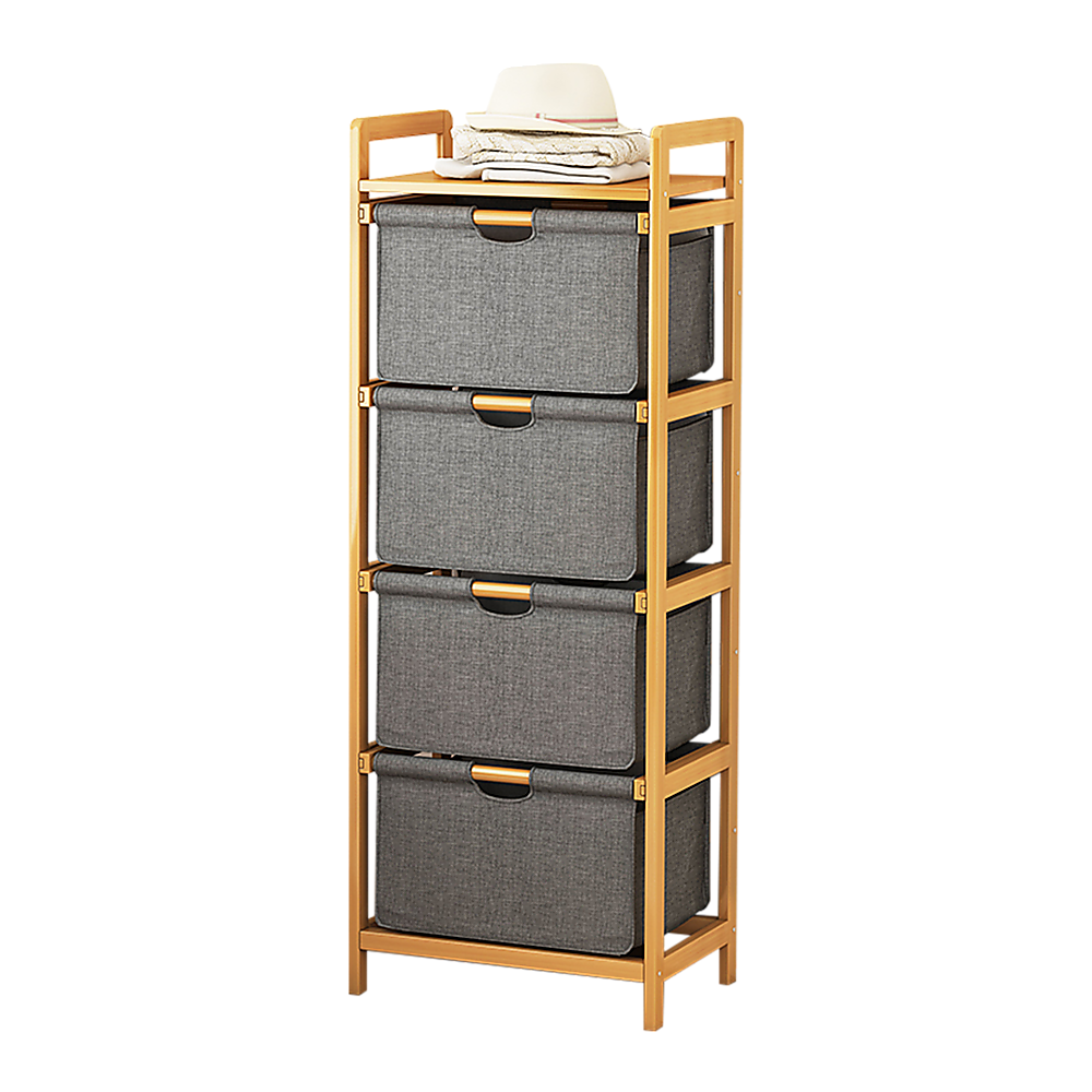 Storage Cabinets: Bamboo Shelf with Storage Hamper  Wooden Organiser with 4 Laundry Bags