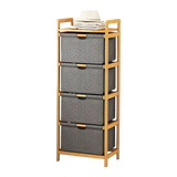 Storage Cabinets: Bamboo Shelf with Storage Hamper  Wooden Organiser with 4 Laundry Bags