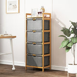 Storage Cabinets: Bamboo Shelf with Storage Hamper  Wooden Organiser with 4 Laundry Bags