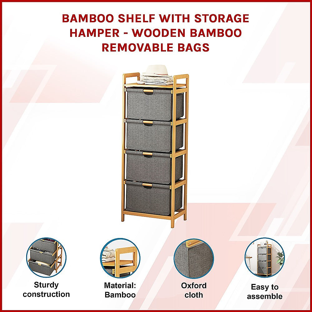 Storage Cabinets: Bamboo Shelf with Storage Hamper  Wooden Organiser with 4 Laundry Bags