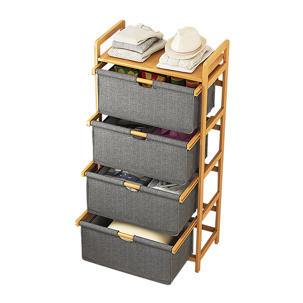 Storage Cabinets: Bamboo Shelf with Storage Hamper  Wooden Organiser with 4 Laundry Bags