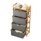 Storage Cabinets: Bamboo Shelf with Storage Hamper  Wooden Organiser with 4 Laundry Bags