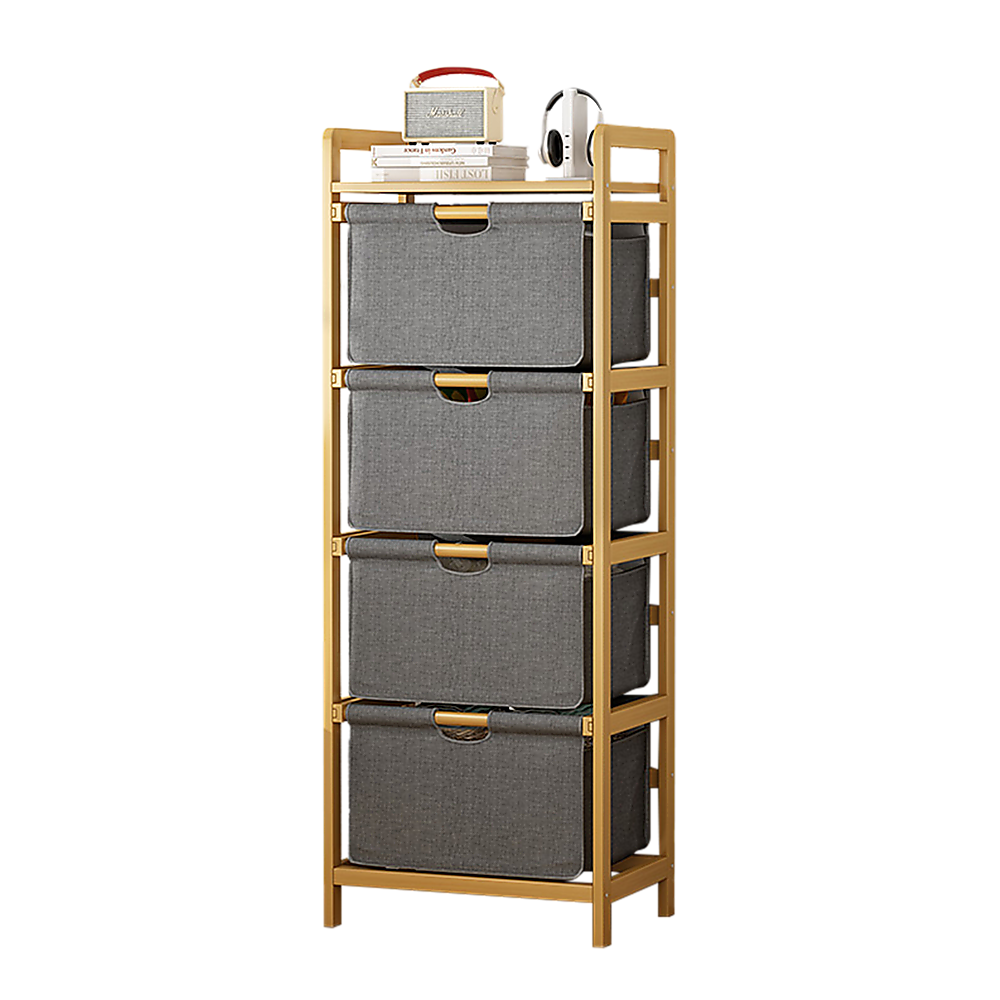 Storage Cabinets: Bamboo Shelf with Storage Hamper  Wooden Organiser with 4 Laundry Bags
