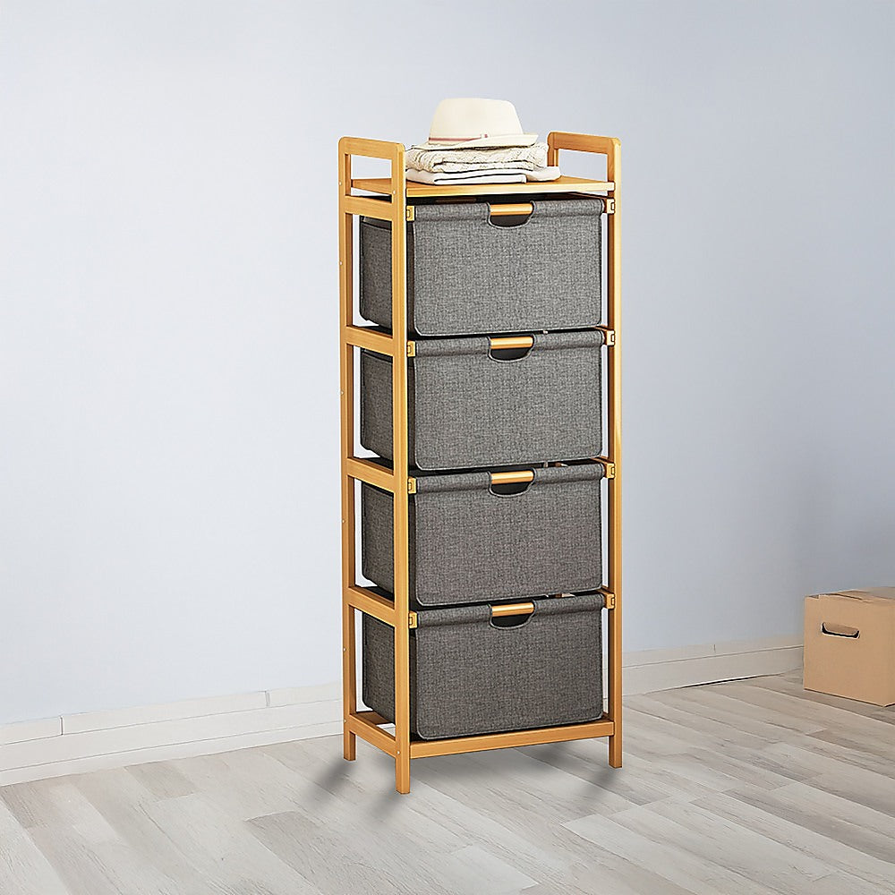Storage Cabinets: Bamboo Shelf with Storage Hamper  Wooden Organiser with 4 Laundry Bags