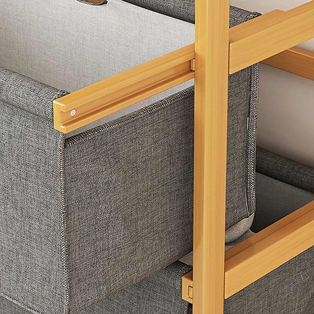 Storage Cabinets: Bamboo Shelf with Storage Hamper  Wooden Organiser with 4 Laundry Bags