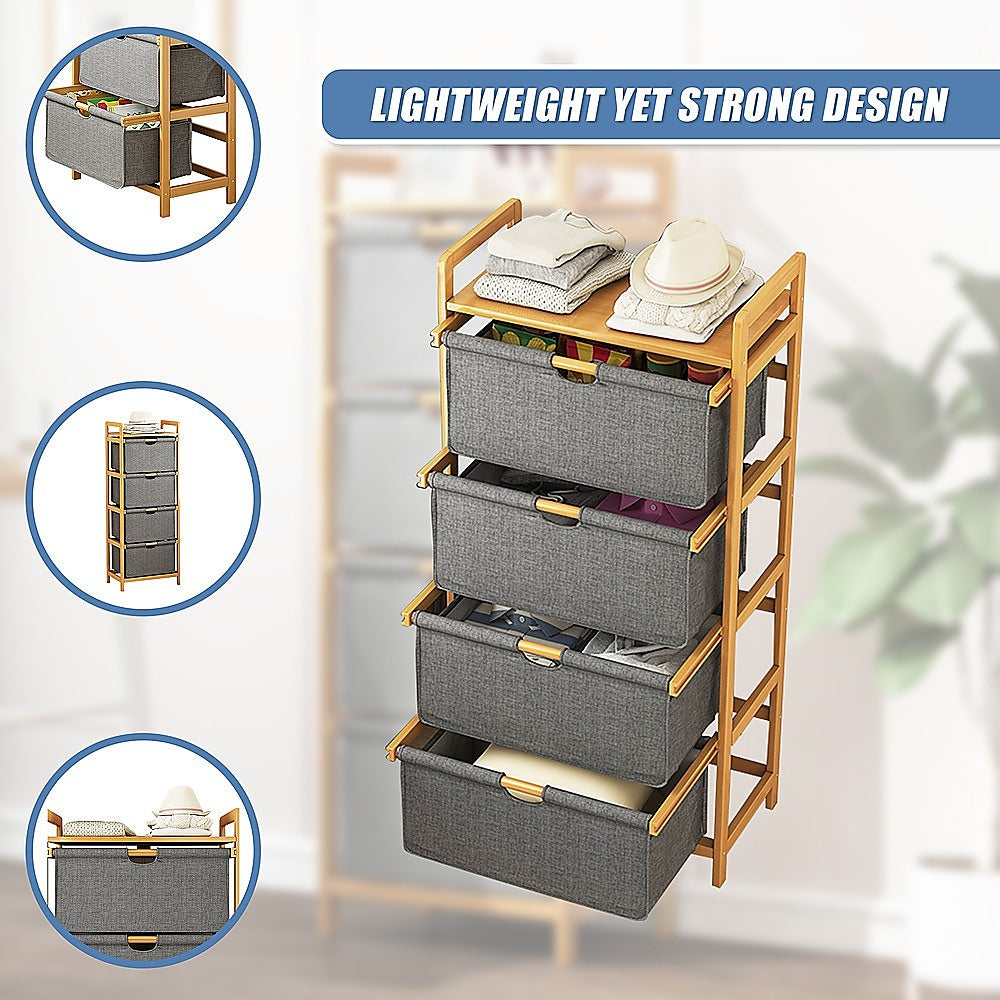 Storage Cabinets: Bamboo Shelf with Storage Hamper  Wooden Organiser with 4 Laundry Bags