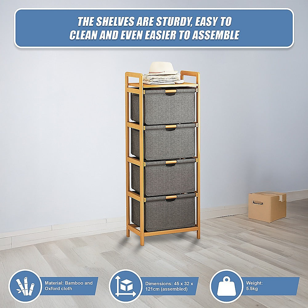 Storage Cabinets: Bamboo Shelf with Storage Hamper  Wooden Organiser with 4 Laundry Bags
