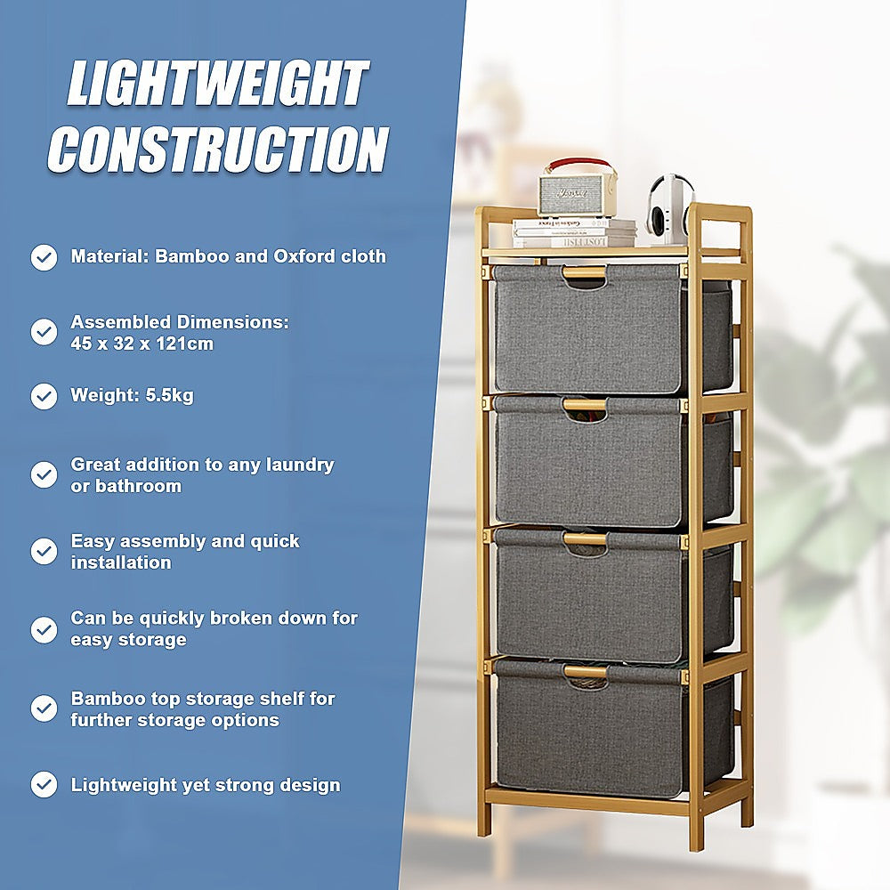 Storage Cabinets: Bamboo Shelf with Storage Hamper  Wooden Organiser with 4 Laundry Bags