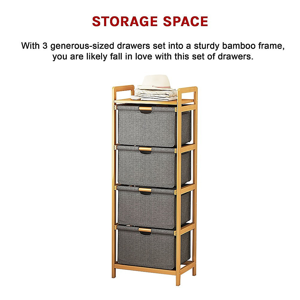 Storage Cabinets: Bamboo Shelf with Storage Hamper  Wooden Organiser with 4 Laundry Bags