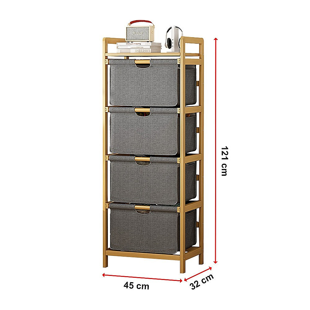 Storage Cabinets: Bamboo Shelf with Storage Hamper  Wooden Organiser with 4 Laundry Bags
