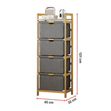 Storage Cabinets: Bamboo Shelf with Storage Hamper  Wooden Organiser with 4 Laundry Bags