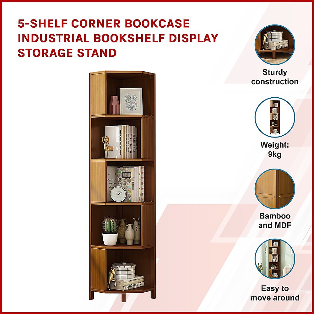 Bookcases & Shelves: 5-Shelf Corner Bookcase Industrial Bookshelf Display Storage Stand