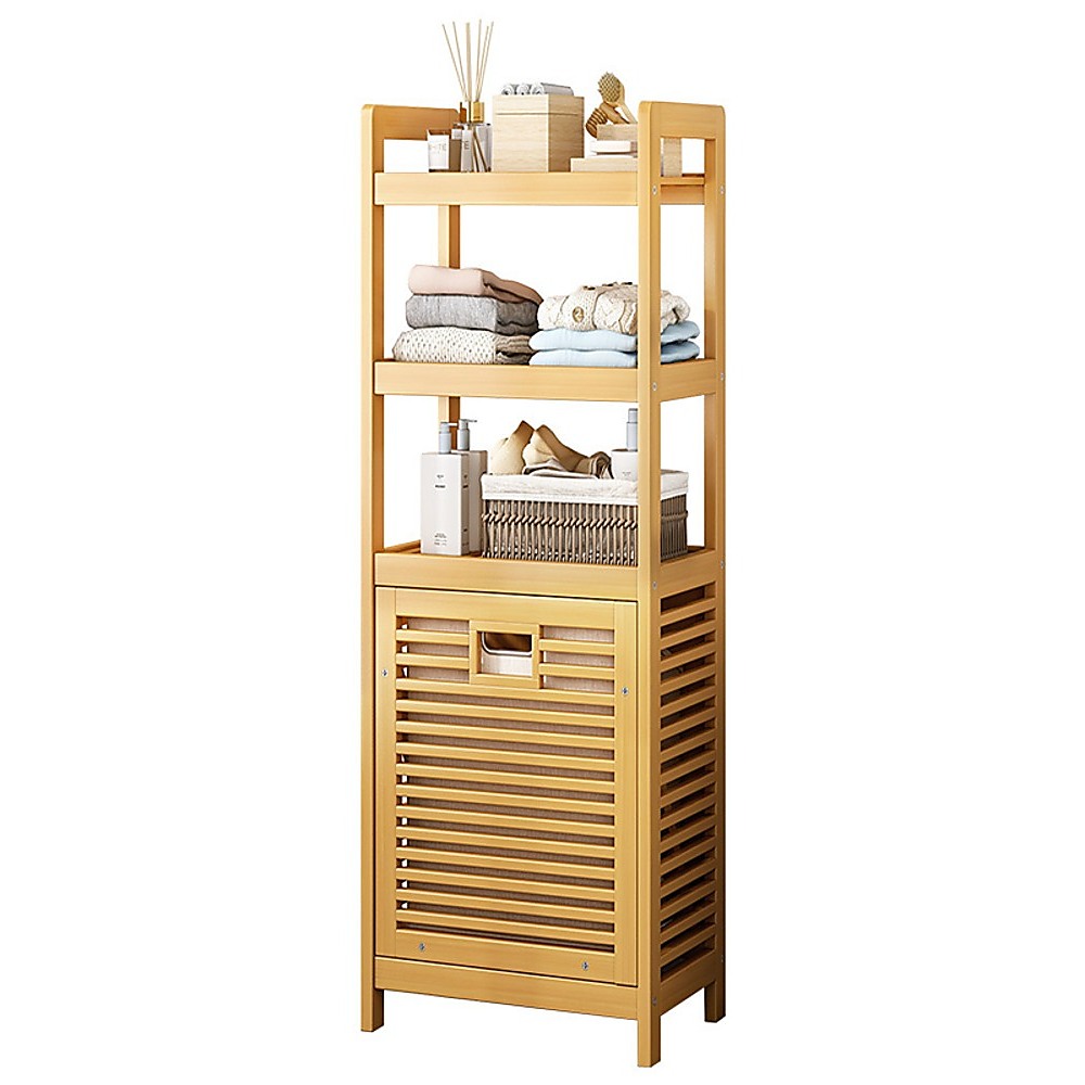 Sofas & Sofa Beds: Bamboo 2-in-1 Laundry Hamper Side Table with 2 Shelves and Clothes Basket