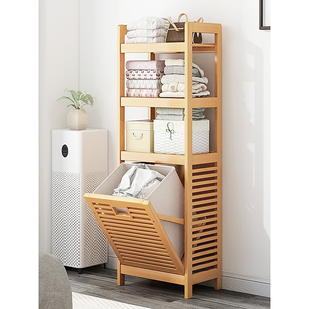 Sofas & Sofa Beds: Bamboo 2-in-1 Laundry Hamper Side Table with 2 Shelves and Clothes Basket