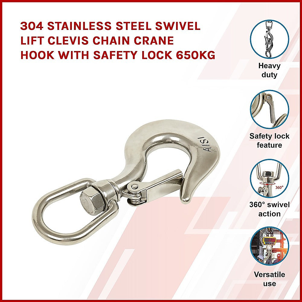 Masonry Tools: 304 Stainless Steel Swivel Lift Clevis Chain Crane Hook with Safety Lock 650kg