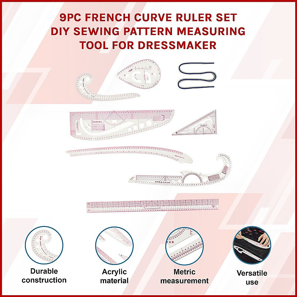 Arts & Crafts: 9pc French Curve Ruler Set DIY Sewing Pattern Measuring Tool for Dressmaker