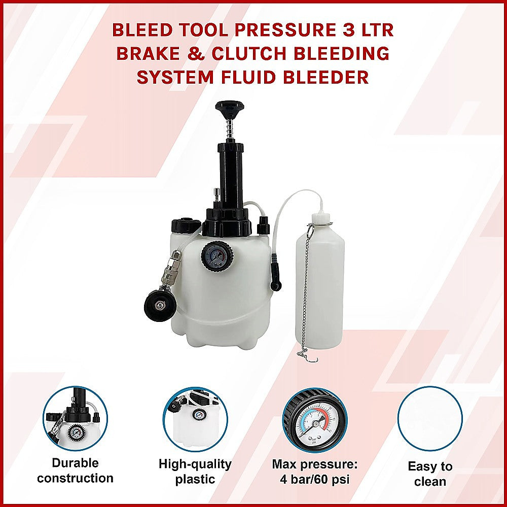 Masonry Tools: Bleed Tool Pressure 3 ltr Brake & Clutch Bleeding System Fluid Bleeder