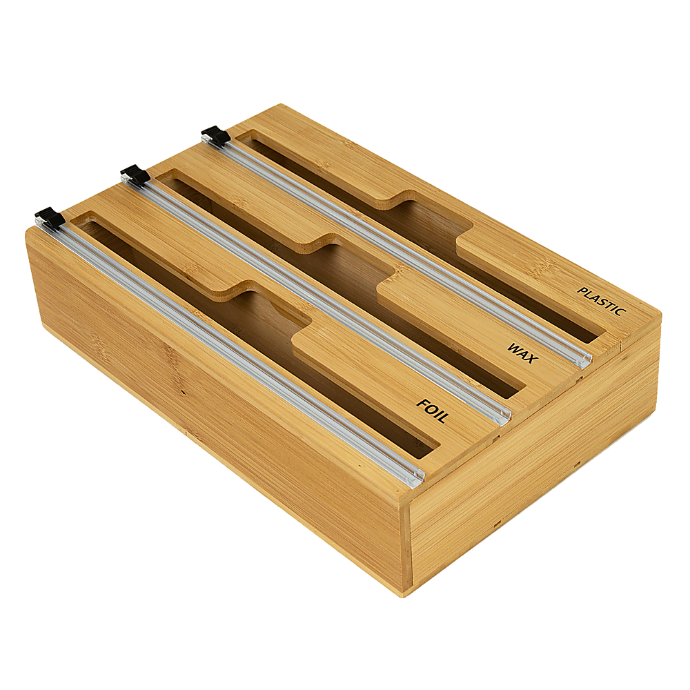 Kitchen Utensils: 3 Grids Bamboo Food Wrap Dispenser Cutter Foil Cling Film Storage Holder Box Kitchen