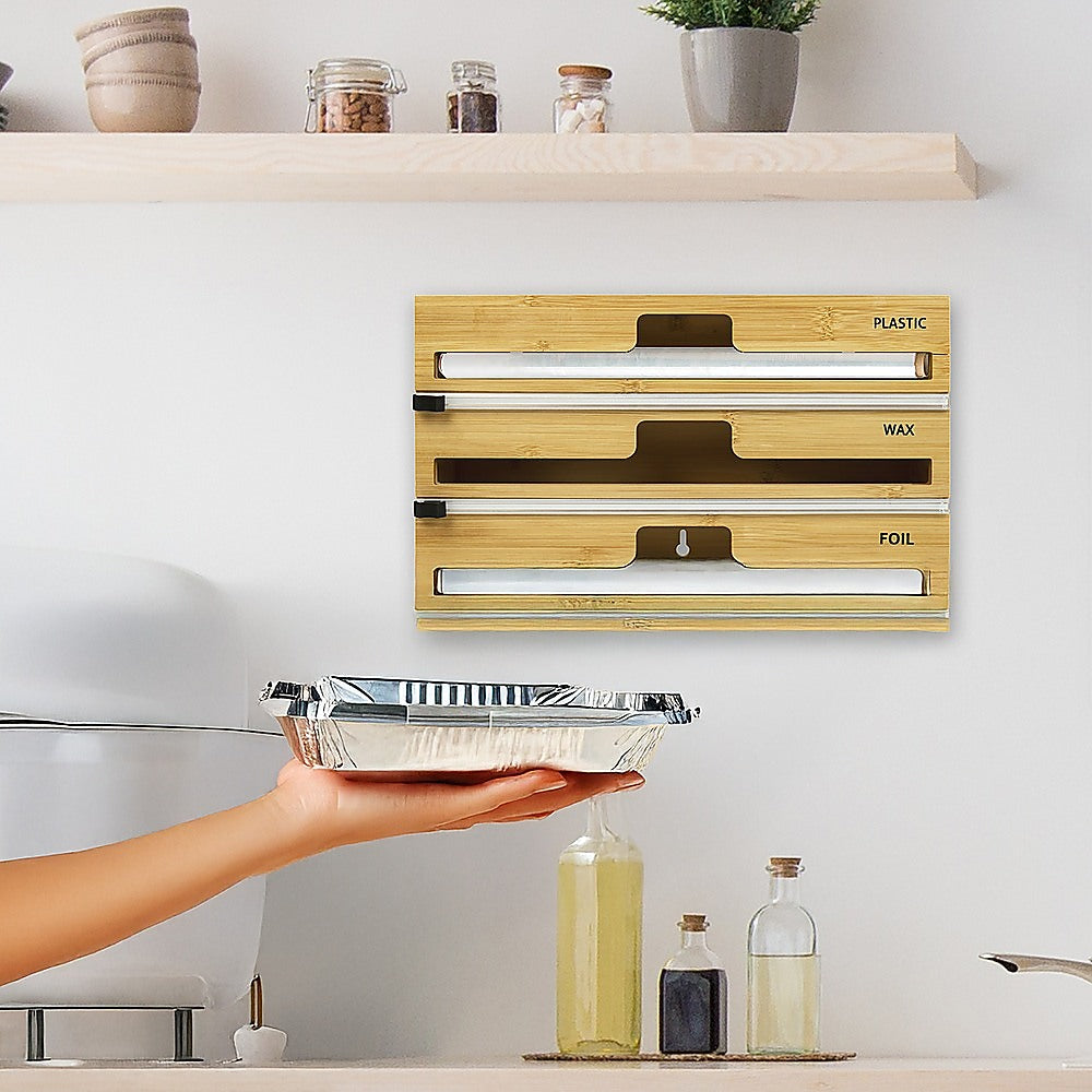 Kitchen Utensils: 3 Grids Bamboo Food Wrap Dispenser Cutter Foil Cling Film Storage Holder Box Kitchen