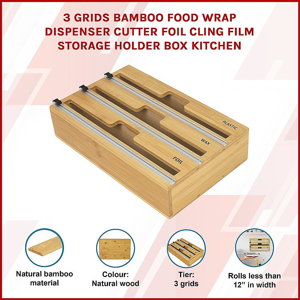 Kitchen Utensils: 3 Grids Bamboo Food Wrap Dispenser Cutter Foil Cling Film Storage Holder Box Kitchen
