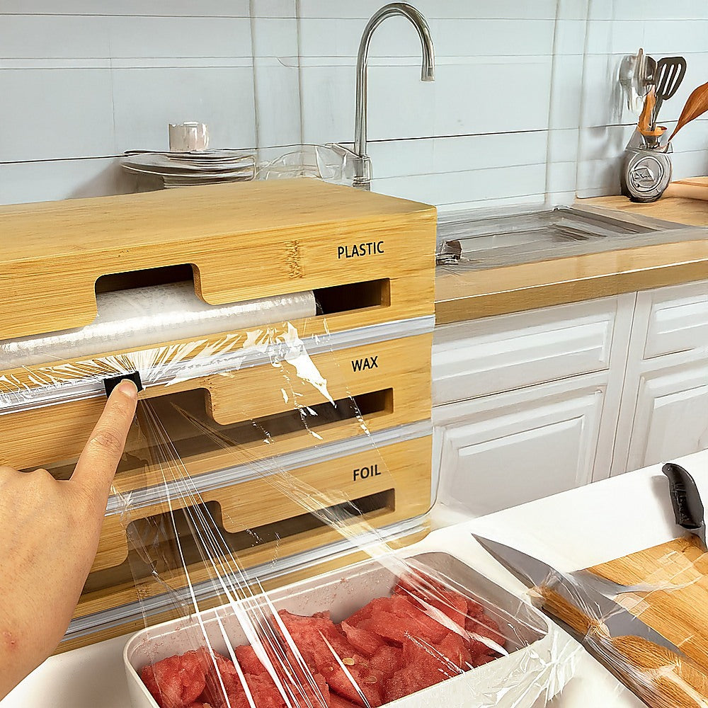 Kitchen Utensils: 3 Grids Bamboo Food Wrap Dispenser Cutter Foil Cling Film Storage Holder Box Kitchen