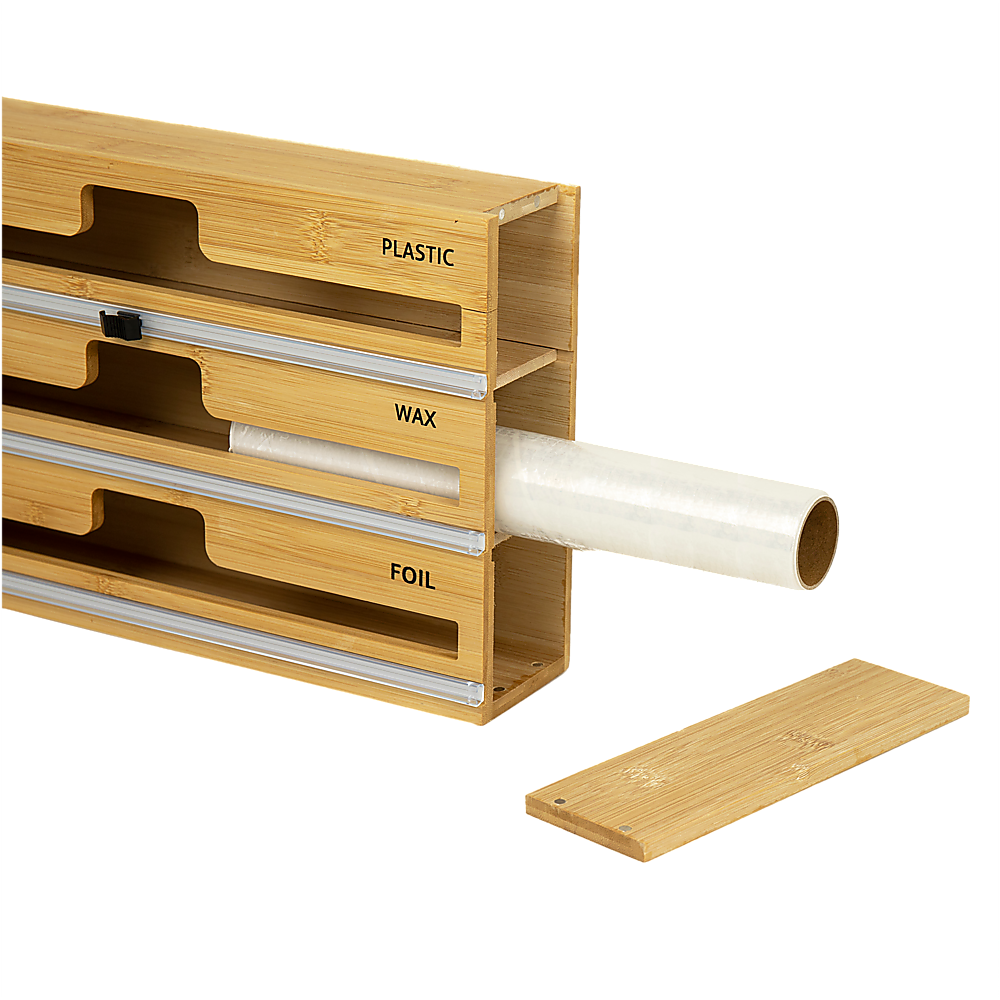 Kitchen Utensils: 3 Grids Bamboo Food Wrap Dispenser Cutter Foil Cling Film Storage Holder Box Kitchen