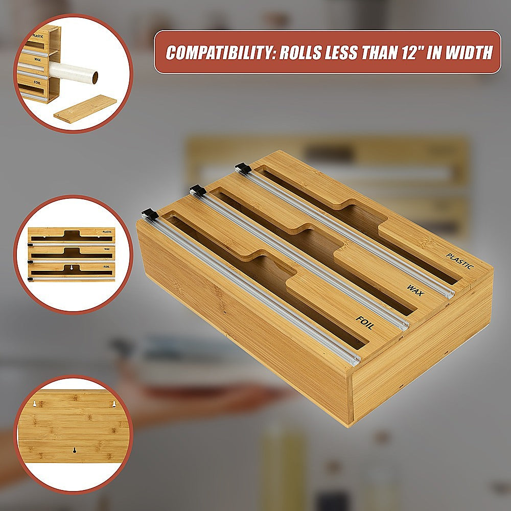 Kitchen Utensils: 3 Grids Bamboo Food Wrap Dispenser Cutter Foil Cling Film Storage Holder Box Kitchen