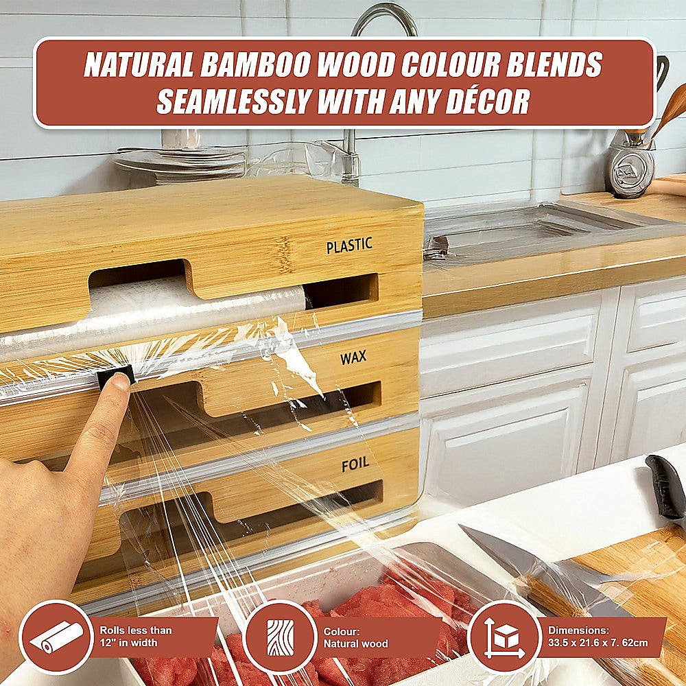 Kitchen Utensils: 3 Grids Bamboo Food Wrap Dispenser Cutter Foil Cling Film Storage Holder Box Kitchen