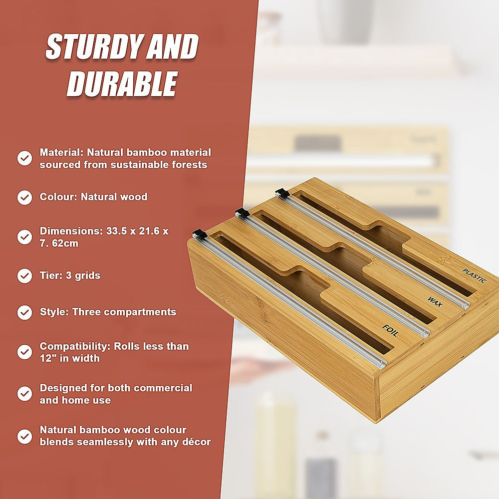 Kitchen Utensils: 3 Grids Bamboo Food Wrap Dispenser Cutter Foil Cling Film Storage Holder Box Kitchen